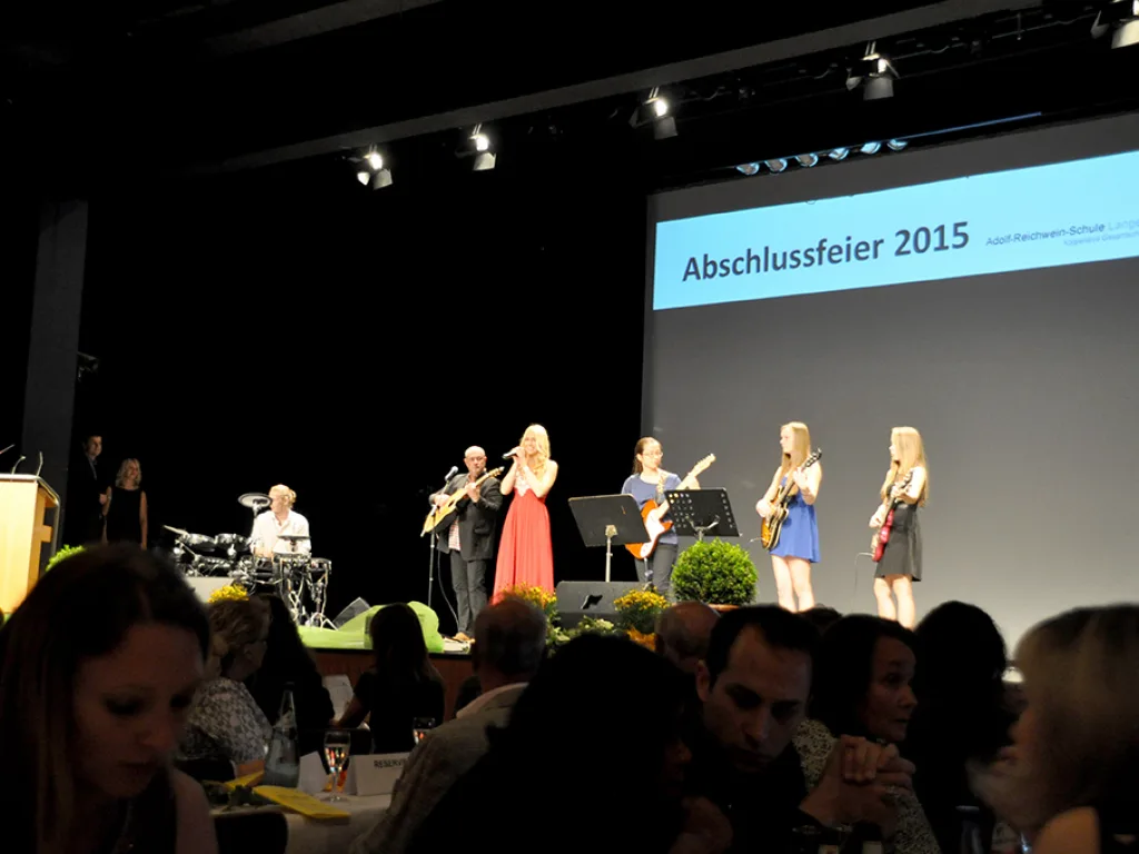 Eine Musikgruppe spielt auf der Bühne vor der Leinwand.